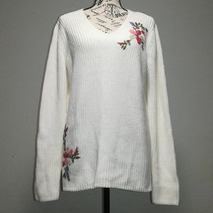 Coldwater Creek Wool Cream Sweater Embroidered Flower Size M NWT